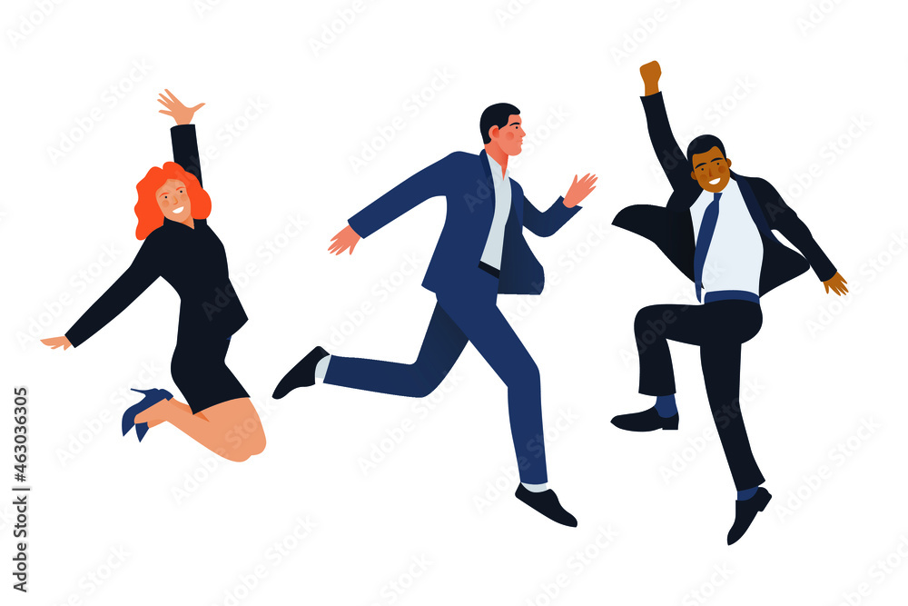 Set of Happy Business Employee People Jumping in the Air Cheerfully. Modern Flat Vector Illustration. Feeling and Emotion Social Media Concept.