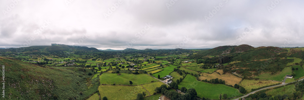 Panoramic aerial view cloudy summer countryside,newry,Northern Ireland
