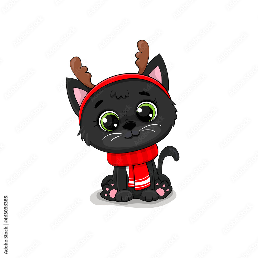 Cute cartoon black kitten for new year and christmas. Vector illustration. happy new year greeting card