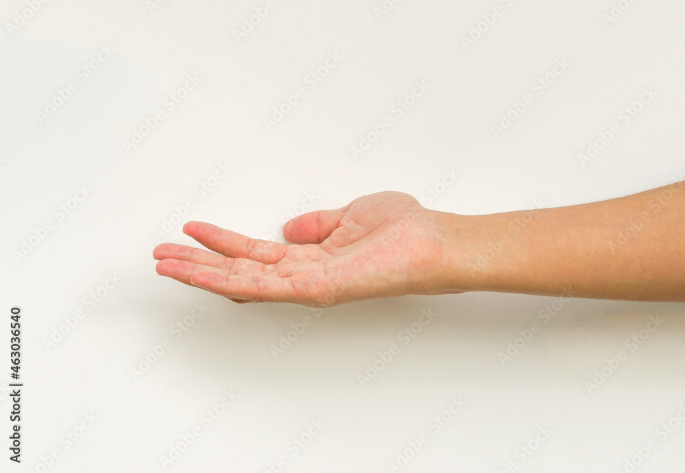 man hand open palm gesturing to help or support isolated on white background