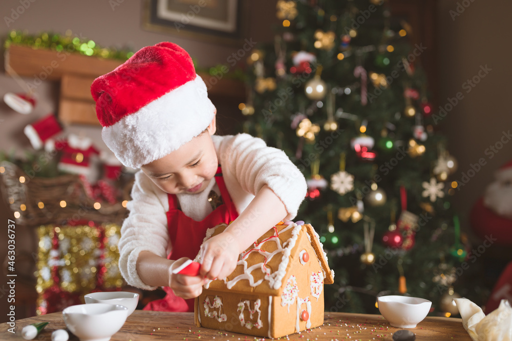 young girl making gingerbread house at home young girl making gingerbread house at home