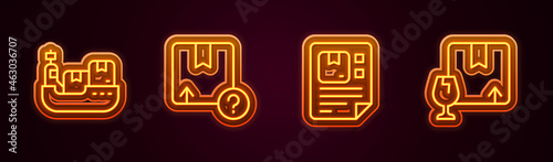 Set line Cargo ship with boxes delivery, Carton cardboard, Waybill and Package fragile content. Glowing neon icon. Vector