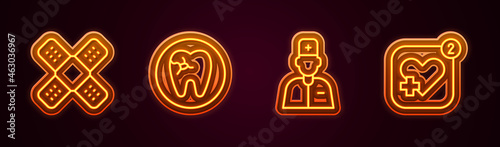 Set line Crossed bandage plaster, Tooth with caries, Male doctor and Mobile heart rate. Glowing neon icon. Vector