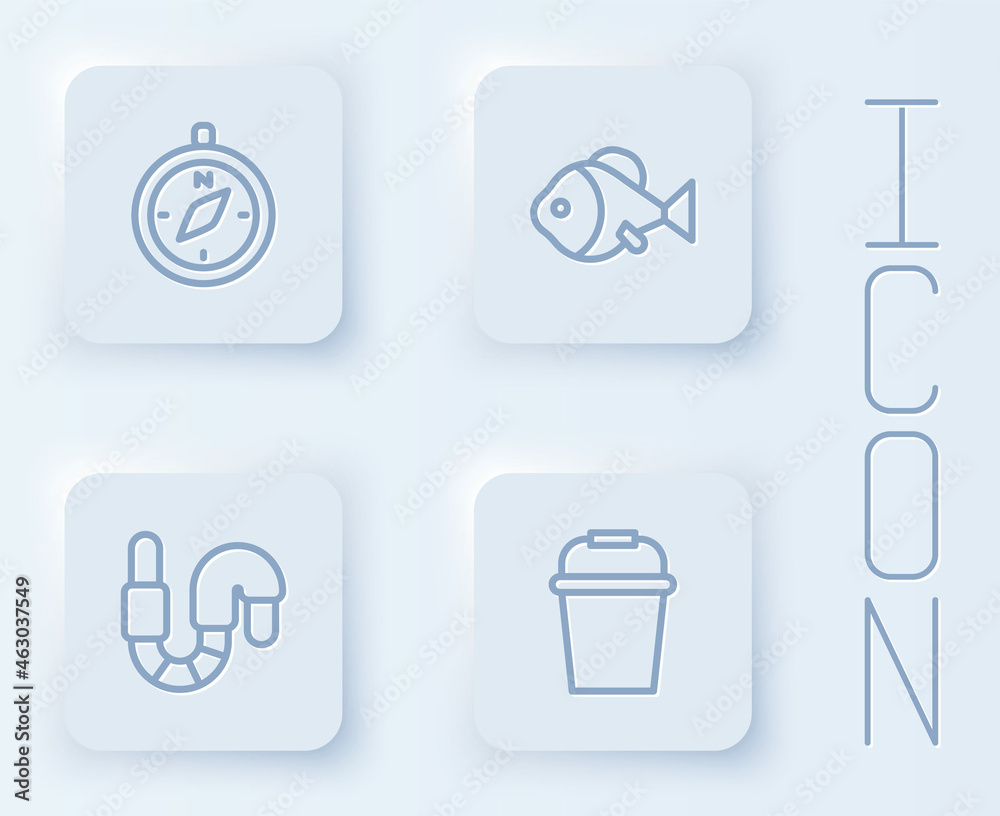 Set line Compass, Fish, Worm and Fishing bucket. White square button. Vector