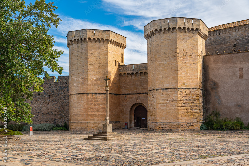 The two towers from the twelfth century Cistercian monastery of Santa Maria de Poblet, Tarragona Catalonia.