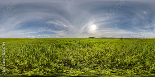 evening hdri panorama 360 view among farming fields with sunset clouds in equirectangular spherical projection, ready for VR AR virtual reality content