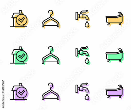 Set line Water tap, Home cleaning service, Hanger wardrobe and Bathtub icon. Vector