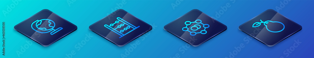 Set Isometric line Molecule, Earth globe, Pear and Abacus icon. Vector Set Isometric line Molecule, Earth globe, Pear and Abacus icon. Vector
