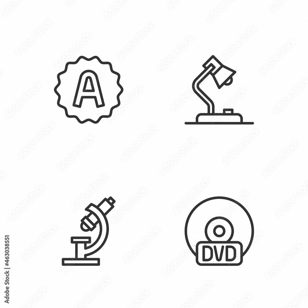 Set line CD or DVD disk, Microscope, Exam sheet with A plus grade and Table lamp icon. Vector Set line CD or DVD disk, Microscope, Exam sheet with A plus grade and Table lamp icon. Vector