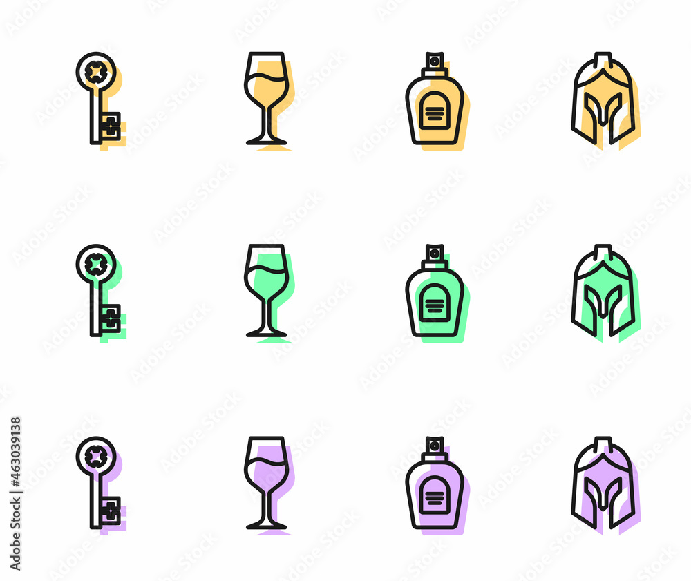 Set line Perfume, Old key, Wine glass and Roman army helmet icon. Vector Set line Perfume, Old key, Wine glass and Roman army helmet icon. Vector