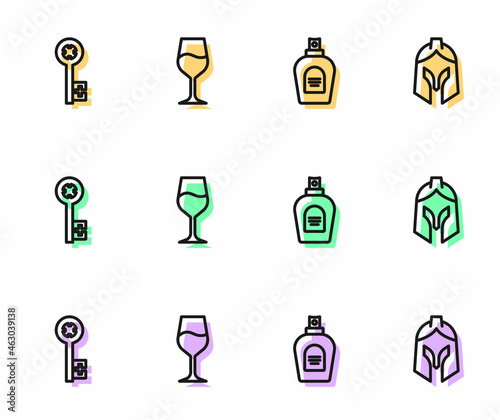 Set line Perfume, Old key, Wine glass and Roman army helmet icon. Vector