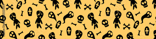 Happy Halloween-seamless pattern with set of characters-zombies  ghosts  skulls and bones. Textured background for greeting card  invitation  party poster  banner