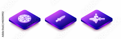 Set Isometric line Round wooden shield, Medieval sword and Skull with icon. Vector