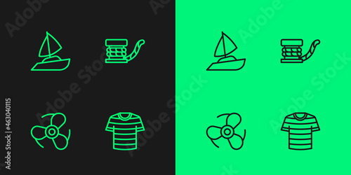 Set line Striped sailor t-shirt, Boat propeller, Yacht sailboat and Marine bollard with icon. Vector