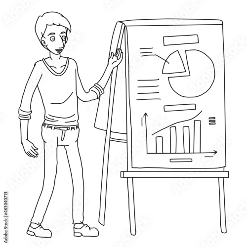 Hugo Man Business Giving Presentation Flipboard Chart Whiteboard Animation SVG Image