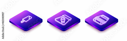 Set Isometric line Ice cream, Online ordering fish and Lunch box icon. Vector