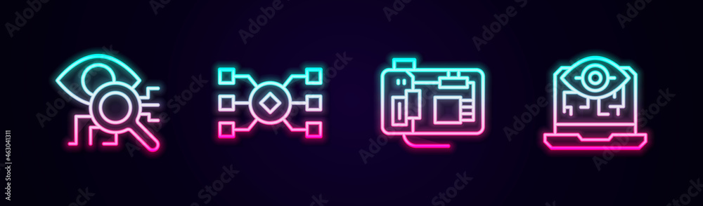 Set line Eye scan, Neural network, Motherboard and Computer vision. Glowing neon icon. Vector
