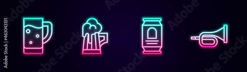 Set line Glass of beer, Wooden mug, Beer can and Trumpet. Glowing neon icon. Vector