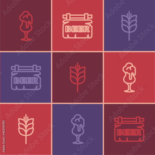 Set line Glass of beer, Wheat and Street signboard with Beer icon. Vector