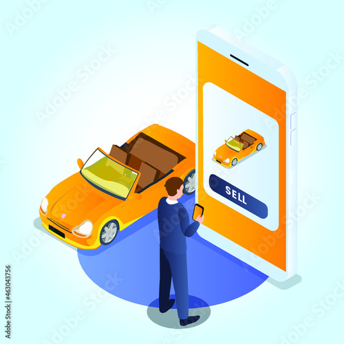 Selling car online 3d isometric vector illustration concept for banner, website, landing page, ads, flyer template