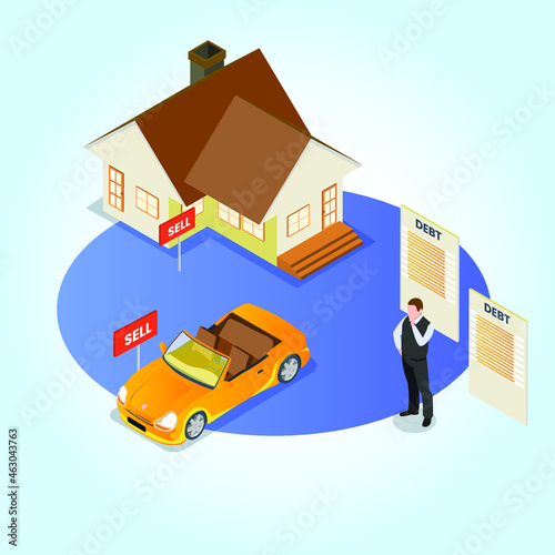 Selling house and car to pay debt 3d isometric vector illustration concept for banner, website, landing page, ads, flyer template