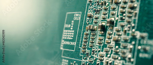 Semiconductor. cpu chip located on the green motherboard of the computer. Semi conductor motherboard circuit board. Hightech computer board with manufacture chip pcb technology. Smart phone iot chip.