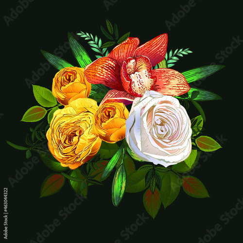 Seamless pattern of yellow rose flowers, orchids and leaves with design elements. For wrapping paper and textiles. Bouquet of flowers, boutonniere, vector illustration. Plant pattern, botany.