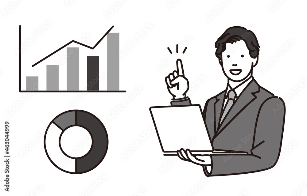 ノートパソコンを見ながらグラフを示して説明をするビジネスマンのモノクロイラスト Stock Vector Adobe Stock ノートパソコンを見ながらグラフを示して説明をするビジネスマンのモノクロイラスト Stock Vector Adobe Stock