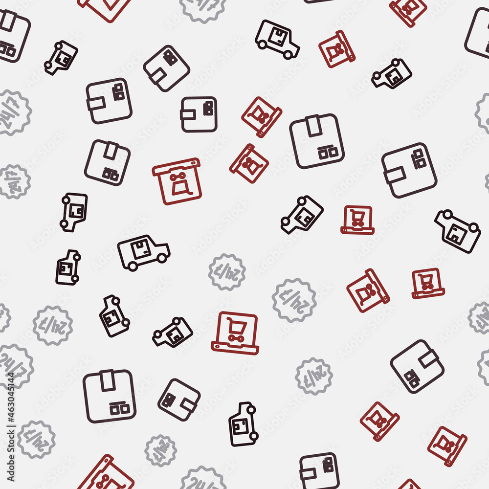 Set line Delivery cargo truck, Carton cardboard box, Clock 24 hours and Shopping cart screen laptop on seamless pattern. Vector Set line Delivery cargo truck, Carton cardboard box, Clock 24 hours and Shopping cart screen laptop on seamless pattern. Vector