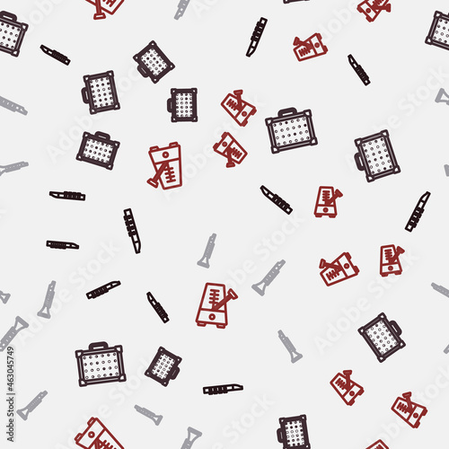 Set line Flute, Guitar amplifier, Clarinet and Metronome with pendulum on seamless pattern. Vector