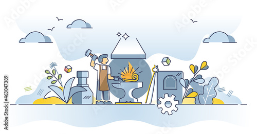 Blacksmith occupation and work with molten metal or steel outline concept. Craftsman master workplace with chisel, anvil and hummer vector illustration. Tough job to make durable instruments in flames
