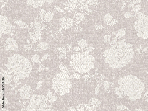 Ecru Beige Linen Texture Background printed with Flowers. Natural Seamless Pattern. Weave Fabric for Wallpaper, Cloth Packaging, curtain, duvet cover, pillow, digital print pattern design 