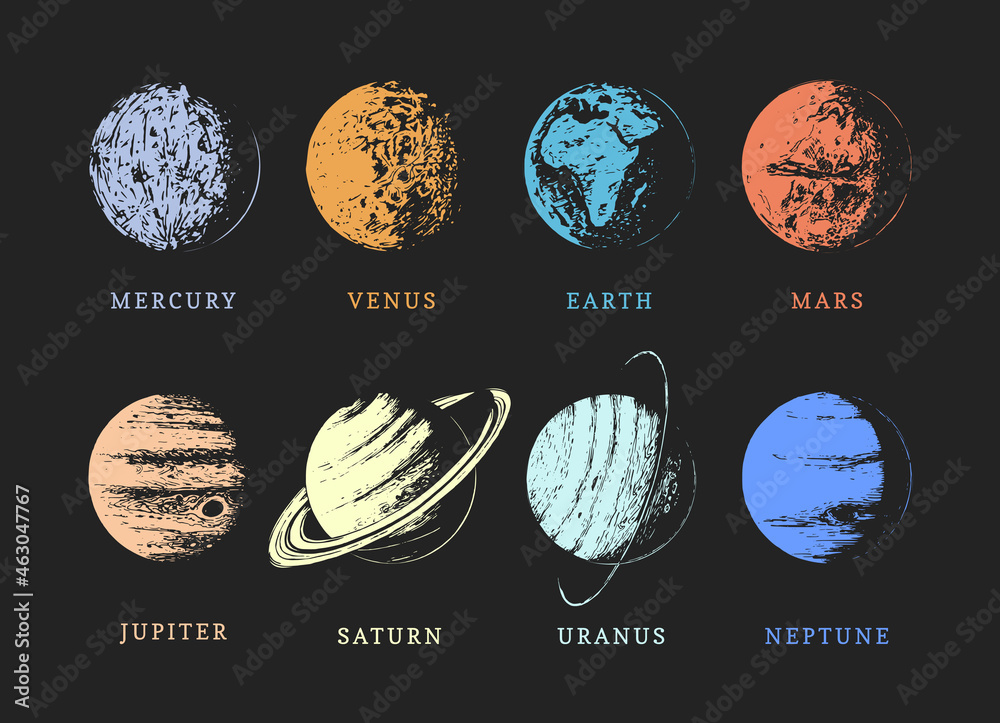 Solar system planets, drawn sketches in vector. - obrazy, fototapety, plakaty 