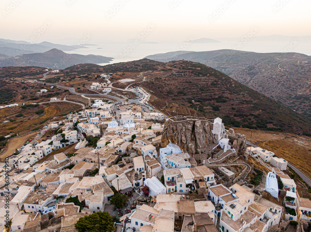 Aerial view of Greek Chora village on Amorgos island, Aegean Sea, Cyclades
