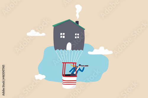 Finding new home or moving to new house, search or discover real estate or property profit, visionary or idea for buy, rent or mortgage loan, smart businessman flying on house balloon to see vision.