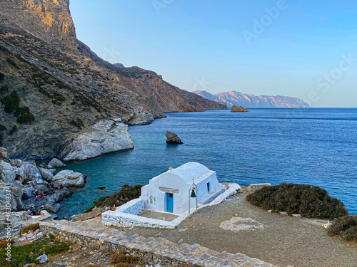 Agia Anna beach with its small white chapel, Amorgos island, Cyclades, Greece.