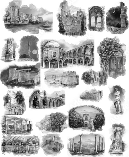 Hand drawn watercolor drawing of Cyprus landmarks, illustration art. photo