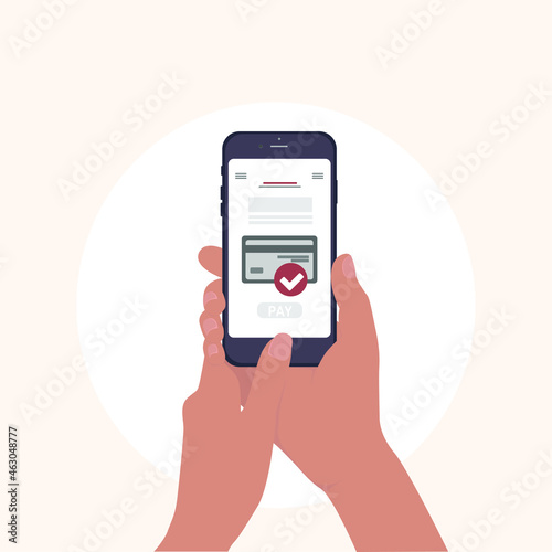 Phone in hand.The concept of online manual payment. Vector illustration