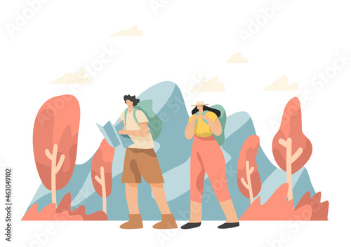 Senior and young tourists Travel people and couples with luggage, view map, selfie, take pictures of tourist attractions with guide characters on field trip cartoon vector illustration.
