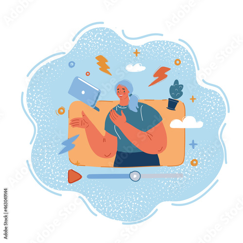 Vector illustration of Blogging woman on computer. Online news, videoblogs concept
