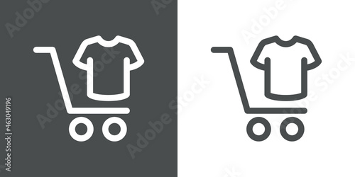 Logotipo con silueta de carrito de la compra con camiseta con lineas en fondo gris y fondo blanco