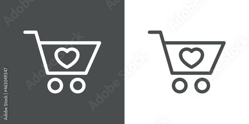 I love shop. Logotipo con silueta de carrito de la compra con corazón con lineas en fondo gris y fondo blanco