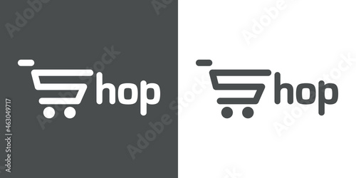 Logotipo con texto Shop con letra S con forma de silueta de carrito de la compra con lineas en fondo gris y fondo banco