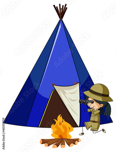 Camping tent with doodle kids cartoon character isolated