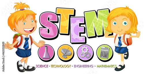 Student kids cartoon character with STEM education logo