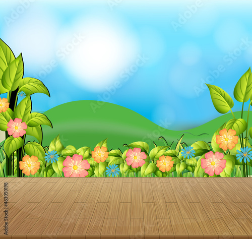 Nature background with flower field and green grass