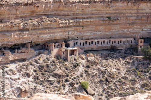 Scenic view of Old stone houses, Palm trees Oasis , Mountains from Ghoufi Canyon in the Aures region, Algeria