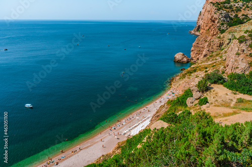 Picturesque Vasili beach in Balaklava, Crimea, top view. Beautiful mountains and azure sea photo
