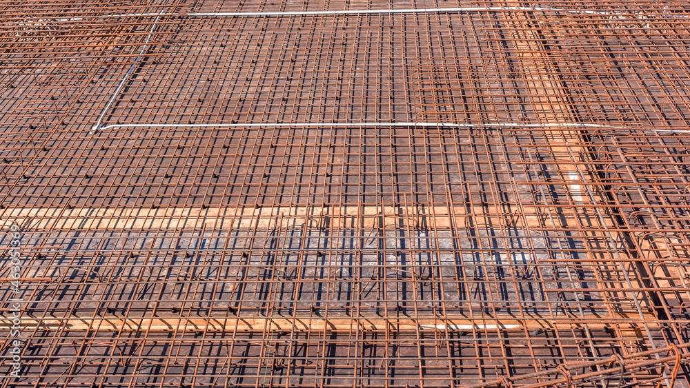 Fototapeta premium Construction Steel Metal Rods Frame Floor Platform Concrete Preparation Structure.