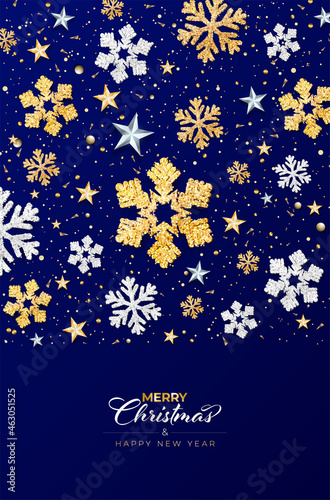 Merry Christmas blue card with abstract shiny snowflakes